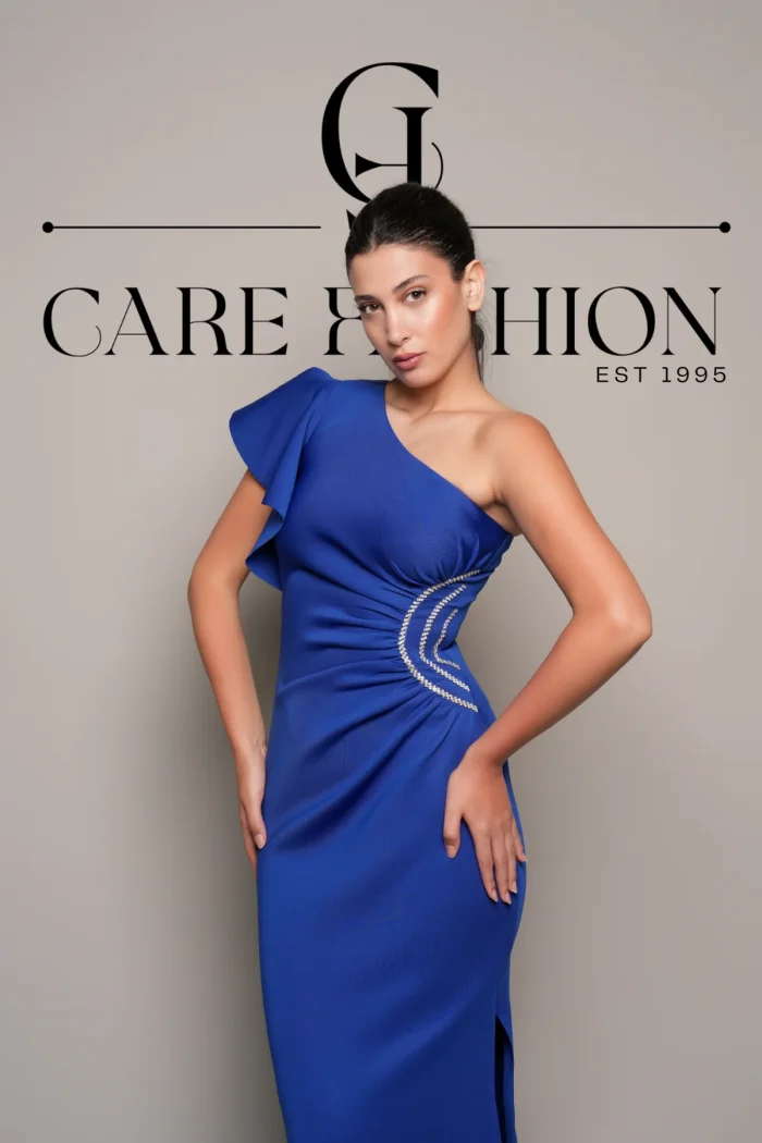 Blue One-Shoulder Dress With Strass